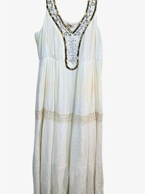 Magic Cream Maxi Dress with Embroidered Beaded V-Neck